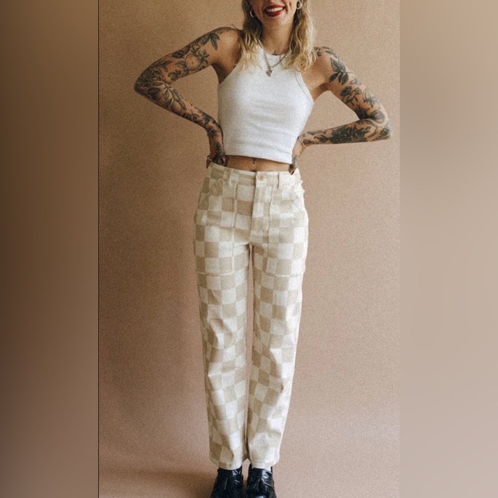 P&Co Cream Checkerboard Jeans NWT High Rise Straight Leg Ecru Denim Pants